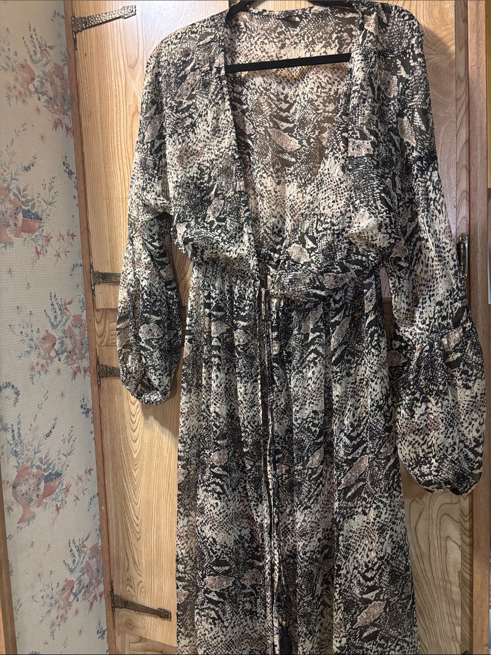 Snake print sheer cover up v neck long sleeve front tie design